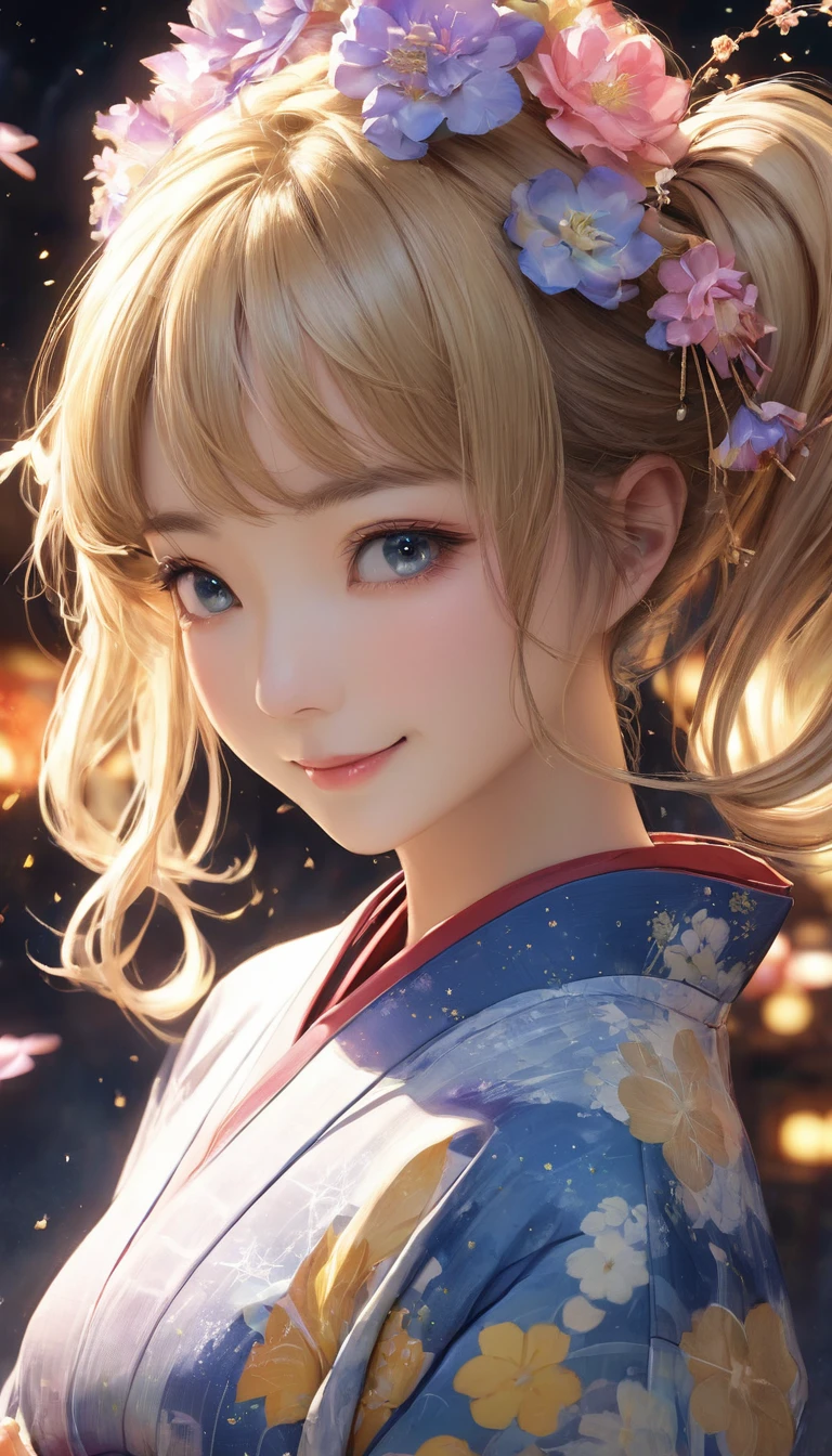 8k resolution, masterpiece, Highest quality, Award-winning works, unrealistic, SFW, elegant, Very detailed, Digital Painting, artステーション, コンセプトart, Smooth, Sharp focus, shape, artジャム、Greg Rutkowski、Alphonse Mucha、William Adolphe Bouguereau、art：Stephanie Law , , Royal Jewel, , Full Shot, Symmetric, Greg Rutkowski, Charlie Bowwater, beep, Unreal 5, Surreal, Dynamic Lighting, ファンタジーart, Complex色, Gion, Kyoto, Numerous fireflies, fire works, milky way, shooting stars, Small face, Very delicate look, , Delicate facial depiction, Delicate eye depiction, Upper body close-up, Alluring, , dynamic sexy pose, sole sexy girl, healthy body, Age 22, , , ,, doaxvv_Marie Rose, geisha, height: 160cm, huge firm bouncing busts, , Very long wavy blonde hair, Twin tails, Glowing Skin, Sweat, Smiling at the camera, look up, Invincible laughter, Complex, traditional Japanese see-through yukata, 