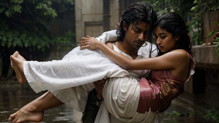 Arjun carrying Meera through the rain.