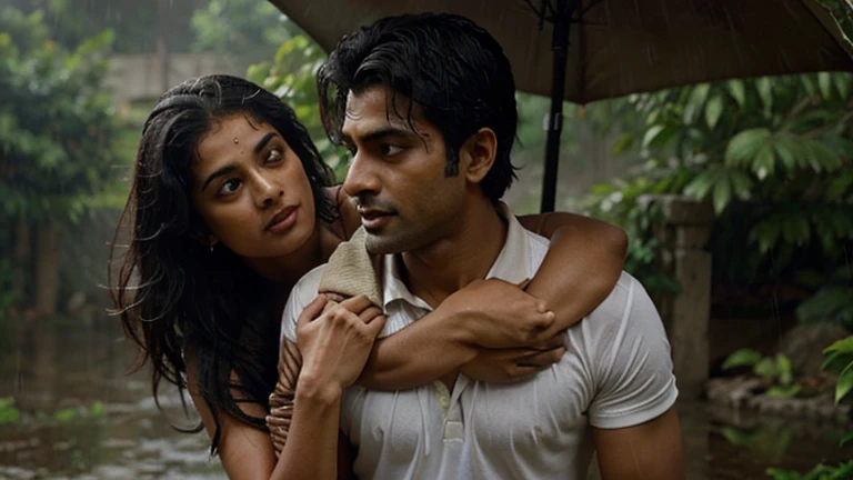 Arjun carrying Meera through the rain.