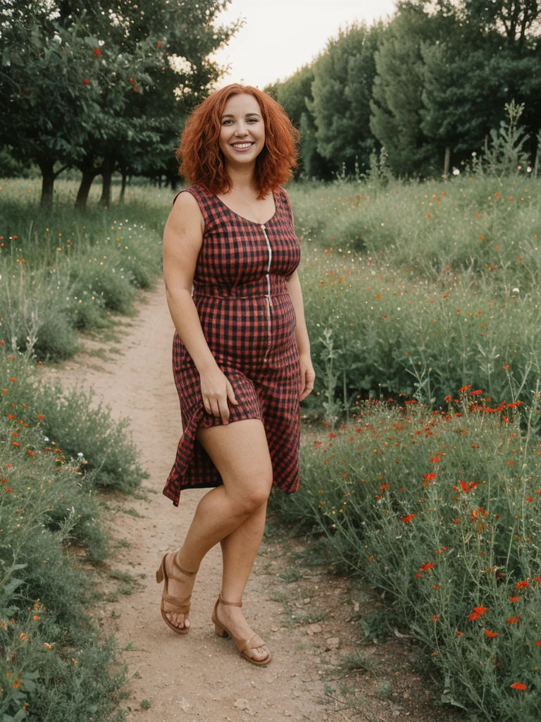 Xyrele, 1girl, solo, 30 years old, (((French face))), (((French nose))), (((French lips))), ((((chubby)))), (((wide hips))), (((red hair))), crinkly short hair, wearing casual designed modern trend wear, ((Background: Shopping at the outdoor flowershop)), ((upper body and upper legs)), smiling