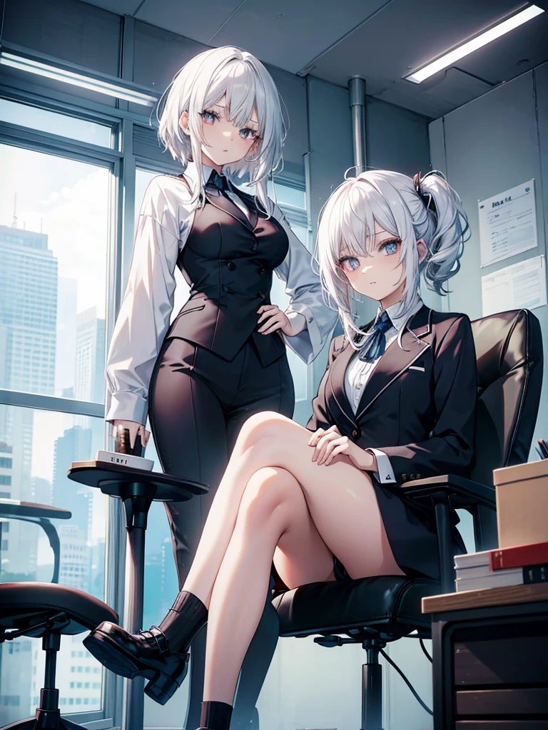 Anime woman with short unruly white hair with silver pupils dressed in suit sitting on a chair in an office with crossed leg pose.