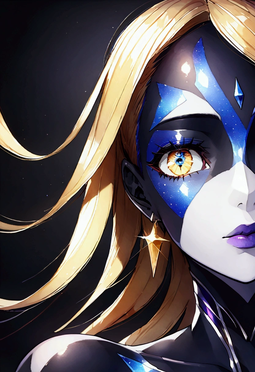 PORTRAIT, only face portrait, macro, a LATINO battle angel portrait, beautiful white skin with sparkles and glitter, short golden hair with green and yellow flowers on hair, shiny and lightening eyes, cosmos eyes, next to a bird, highly detailed fur (vectorized) , detailed skin, image is compelling with dynamic composition and energetic posing. Include many fantasy details such as bumps, phantasmal iridescence, glitter, galaxy, cosmos, ((dark celestialskin body, void cosmic body)), (((dark background))), (((lights off))), (((hollywood dark))), horror, dramatic shadows, (in a dark fantasy space:1.3, glitter, sparkle, gleam) vector digital illustration, (black background:1.5)sharp