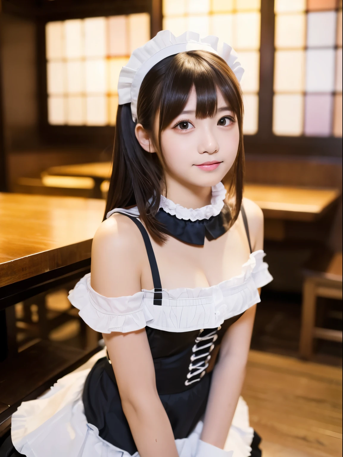 (8k, Top quality, Masterpiece:1.2), (Realistic, photo-realistic:1.37), Super detailed, perfect anatomy, cute, small eyes, a Japanese, 18 years old, girl, Maid costume, Maid choker, in the restaurant,
