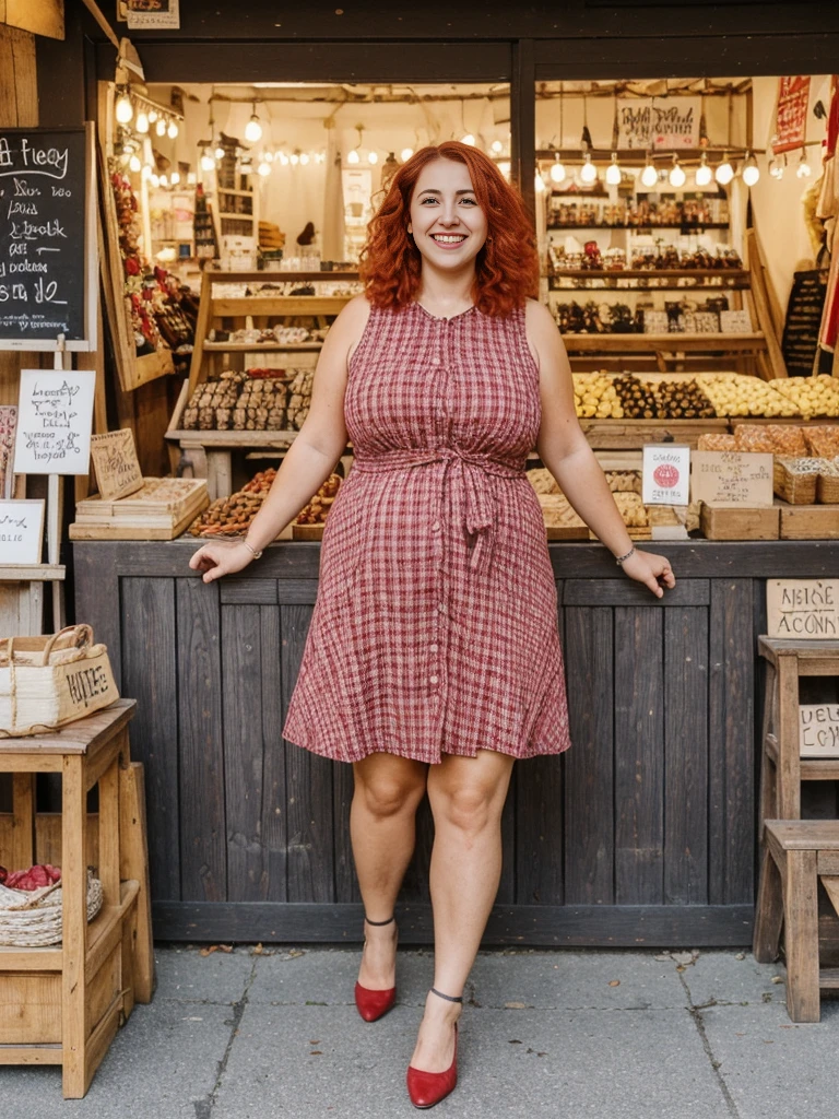 Xyrele, 1girl, solo, 30 years old, (((French face))), (((French nose))), (((French lips))), ((((chubby)))), (((wide hips))), (((red hair))), crinkly short hair, wearing checkered designed modern dress wear, ((Background: Exploring local markets and artisan shops)), ((upper body and upper legs)), smiling