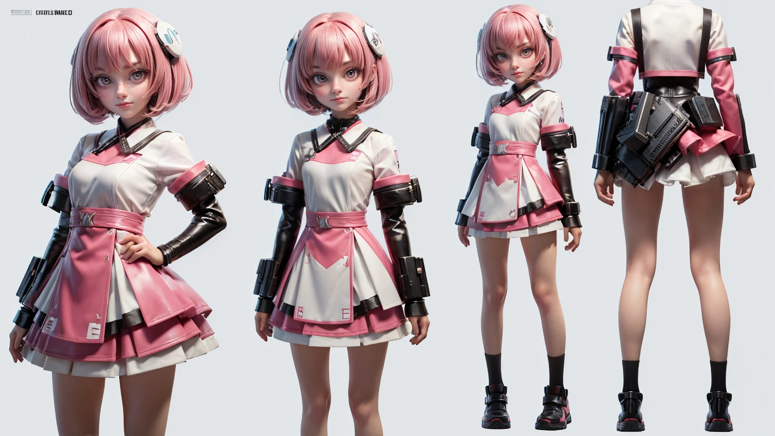 cute Japanese girl in a gaming dress, modern dress, , layered bob hair style,. pink, hairs,, white dress, gaming , smiling face, short dress full straight standing pose, 14yo student, , Full body, modern girl, games girl, Simple white background,, Concept art, design sheet, HD, full body, standing, modern futuristic dress, front view