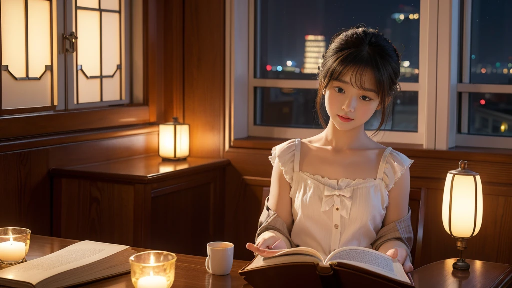 First-class quality,8K resolution,masterpiece,Fresh,Animated CG,Chinese little girl bows her head to read a book,Sitting at the table,Fashion suspender top,Fair skin,Bright colors,Summer Night,The background is a window,Night view outside the window