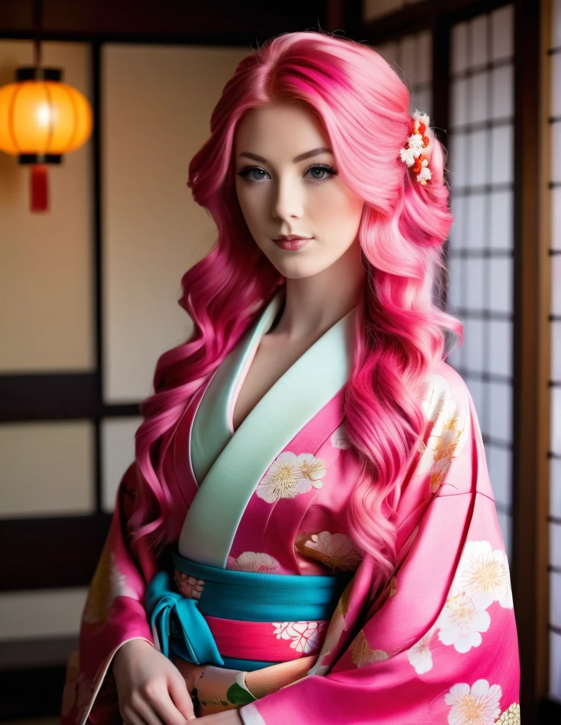 Very attractive 25 year old caucasian female with long wavy bright pink hair, wearing traditional japanese kimono, full length, photo quality