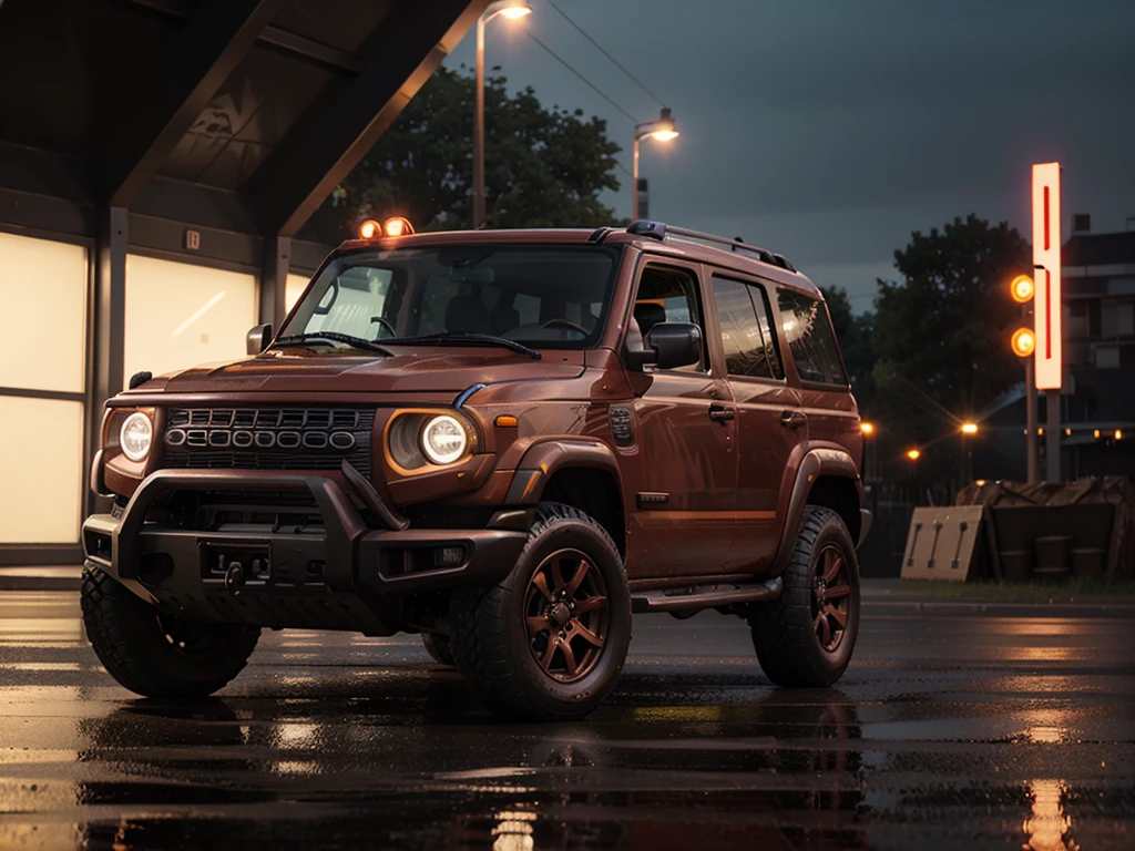 detailed modern UAZ Hunter in rusty-red color for city with perfomance version with a classic look, highly detailed, cinematic lighting, hyper realistic, 8k, photorealistic, best quality, cinematic composition, dramatic atmosphere, advanced technology, glowing holographic displays, sleek metallic surfaces, advanced aerodynamic design, complex machinery, intricate details, elegant curves, vivid colors, neon highlights, advanced digital interface, seamless integration of technology