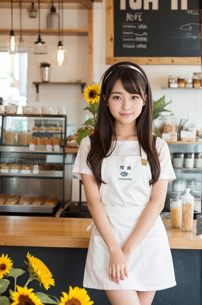 20 years old girl (Japanese cute face) is wearing mini skirt and white apron and working at the cafe with sunflowers