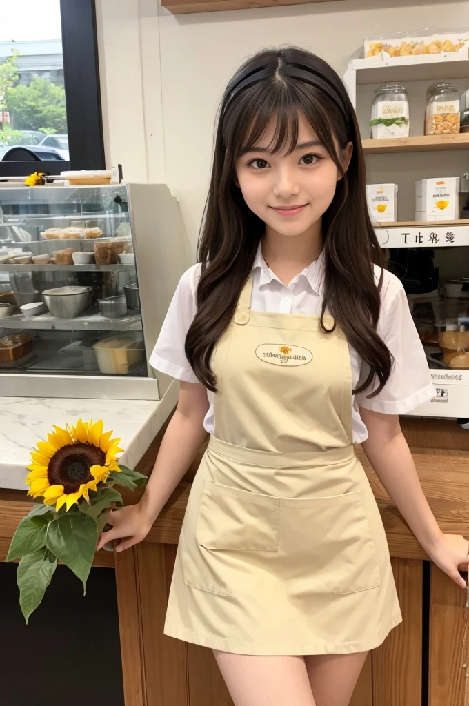 20 years old girl (Japanese cute face) is wearing mini skirt and white apron and working at the cafe with sunflowers