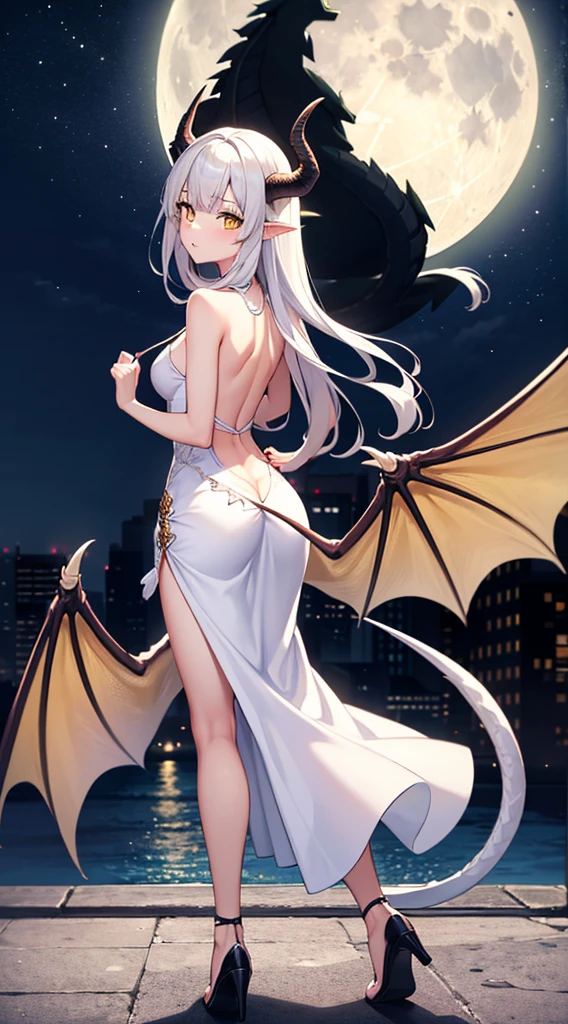 1girl, solo, long hair, breasts, looking at viewer, dress, bare shoulders, tail, full body, yellow eyes, white hair, wings, horns, sky, looking back, white dress, night, moon, night sky, full moon, dragon girl, backless outfit, dragon tail, cityscape, backless dress, dragon wings