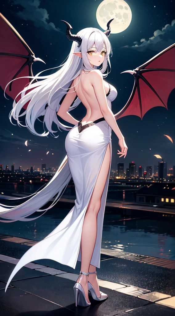 1girl, solo, long hair, breasts, looking at viewer, dress, bare shoulders, tail, full body, yellow eyes, white hair, wings, horns, sky, looking back, white dress, night, moon, night sky, full moon, dragon girl, backless outfit, dragon tail, cityscape, backless dress, dragon wings