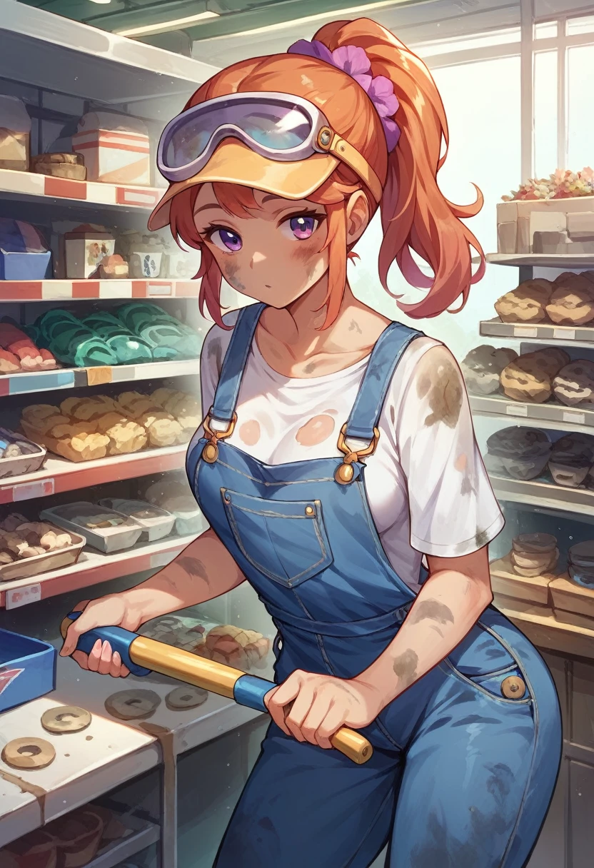 coco, female, masterpiece, beautiful, white shirt, overalls, goggles on head, dirty, dirty skin, dirty clothes, working in a mechanic shop, gears and machine parts in background, wiping brow, ponytail