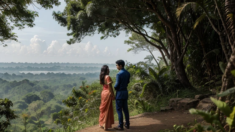 Arjun and Meera standing at the edge of the jungle, looking out.