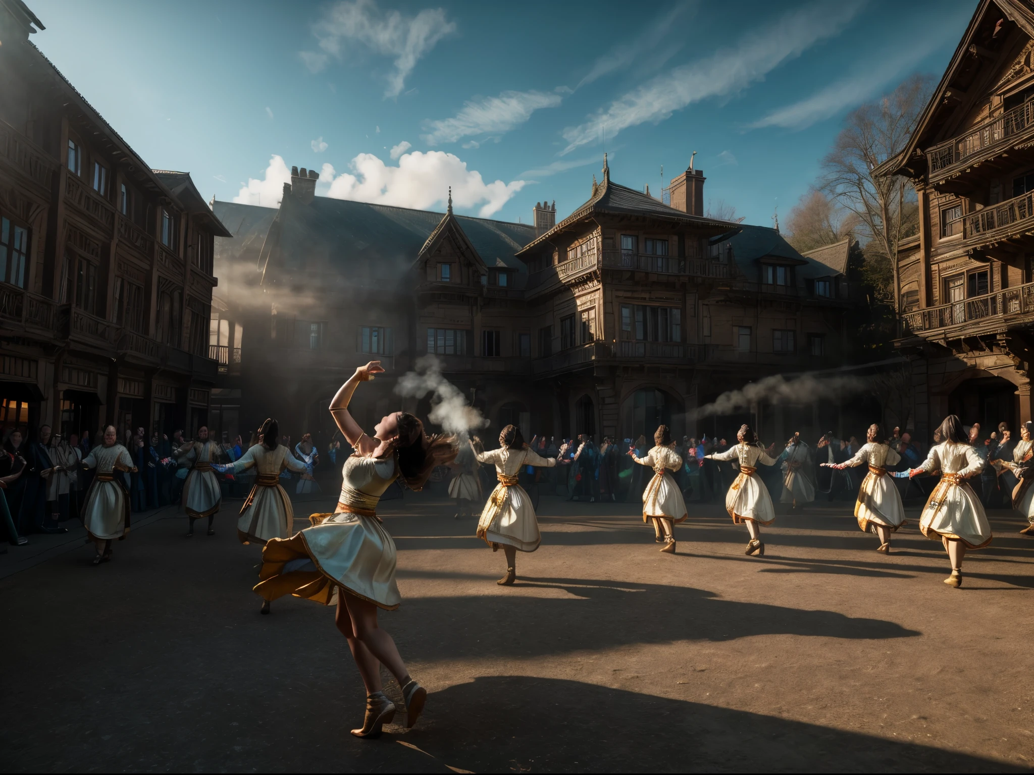 8k, elegant, majestic, digital photography, ((masterpiece)), sidelighting, hdr,  vibrant abstraction of a medieval festival, dynamic dancers twirl amidst a sea of vivid, (highly detailed face:1.5), swirling hues, evoking joy and movement. Realistic hands. [The character is surrounded by mist, evoking a mysterious and eerie atmosphere. The lighting is dark and atmospheric, with smoke adding a touch of sinister ambiance. Best quality image, HDR enhancement, showcasing the utmost level of detail and realism, full body shot:1.5]. [8K, Best Quality, Ultra High Resolution, (highly detailed CG unity 8k wallpaper), (best photo), (best shadows), isometric 3D, octane rendering, ray tracing, highly detailed, (Best quality, 4K, 8k:1.2), absurdity, ultra detailed, (realistic, photorealistic, photorealistic:1.37), complex parts, HDR, (complex parts:1.12), (hyper detailed, hyper realistic, Soft lighting, spicy:1.2), (complex parts, Hyper detailed:1.15). Blurred foreground. (backlit), masterpiece, high quality, brightness, chromatic aberration, foggy smoke, shadows, contrast, clear sky, (warm hue, warm tone), high details, natural reflections]. (YES SFW)