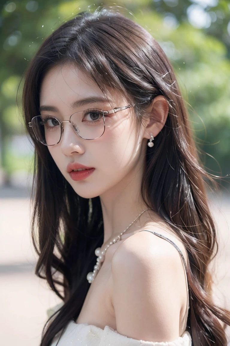 beautiful woman looking down at her phone, closeup side profile of woman's face, woman in black dress with off-the-shoulder sleeves, pearl earrings and necklace, wearing glasses, intense and longing gaze, high-quality realistic portrait photograph, natural skin tones, soft lighting, shallow depth of field, photorealistic, 8k, hyper-detailed, intricate details