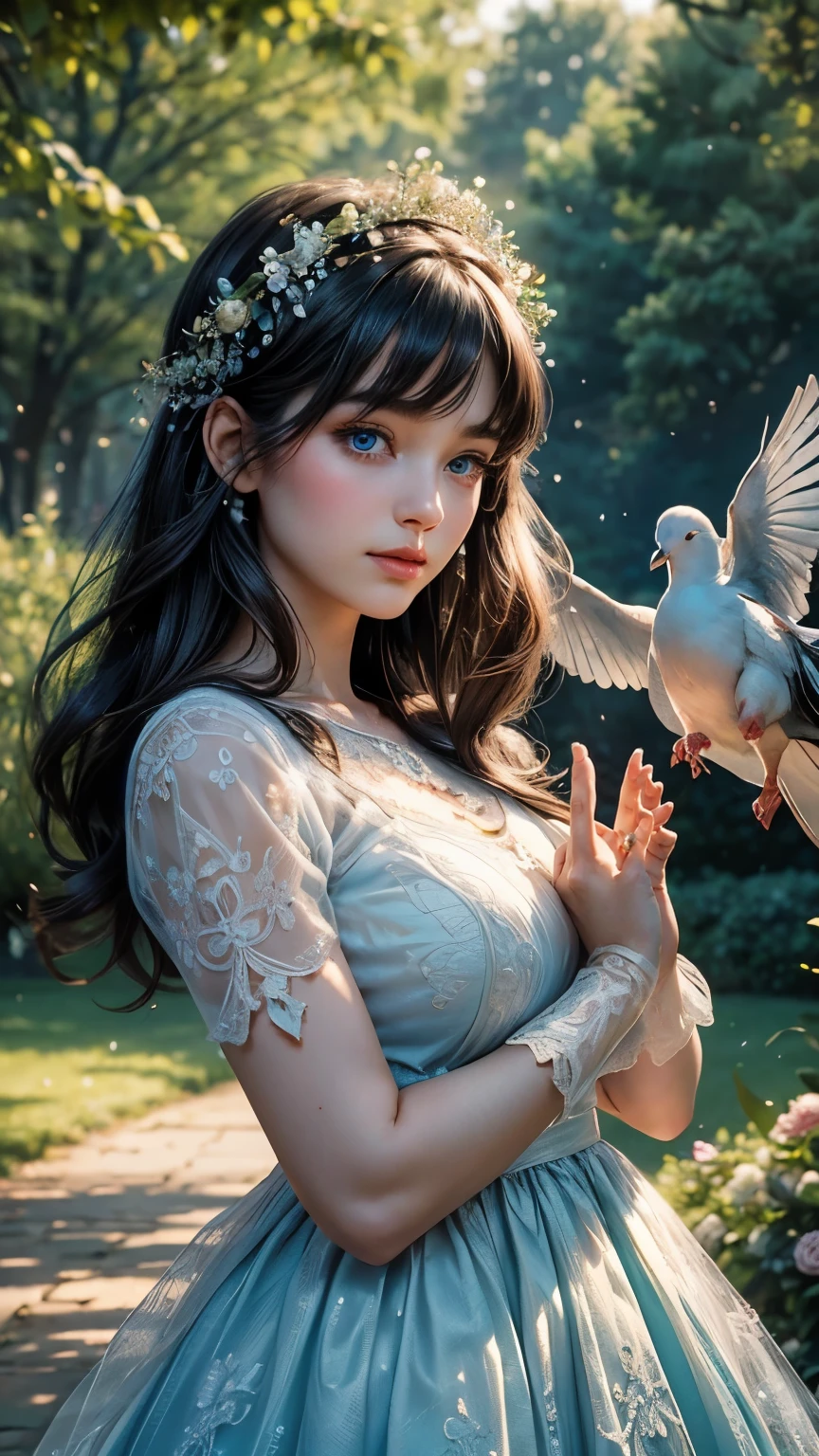(A close-up of a 3-year-old:1.2), extremely beautiful girl with long black hair, adorned with a flower crown. ((She has striking blue eyes and is gently holding a white dove in her hands)). She stands in a serene garden setting with blooming flowers and soft sunlight filtering through the trees. The girl is wearing a delicate, vintage-style dress with lace details. The image is highly realistic and rendered in 8k resolution, capturing intricate details and a peaceful, enchanting atmosphere.