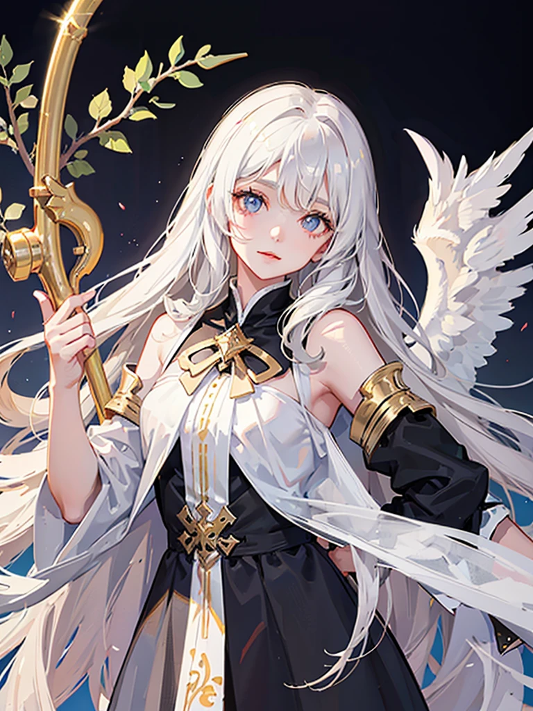 Young beautiful girl angel,golden shining eyes, long black wavy hair, white simple clothes, cute white wings, White Horns, innocence, natural background
