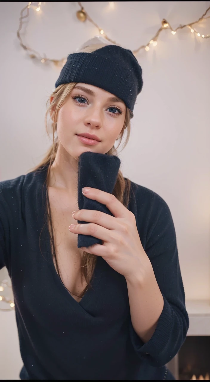 (best quality,4k,8k,highres,masterpiece:1.2),ultra-detailed,(realistic,photorealistic,photo-realistic:1.37),beautiful detailed eyes,beautiful detailed lips,extremely detailed face,long eyelashes,wavy hair, A charming Christmas scene featuring a young blonde girl with blue eyes, surrounded by a sea of twinkling fairy lights in a cozy living room with a crackling fireplace, unwrapping presents with genuine excitement, the room filled with the warm glow of holiday decorations, wearing a christmas sweather