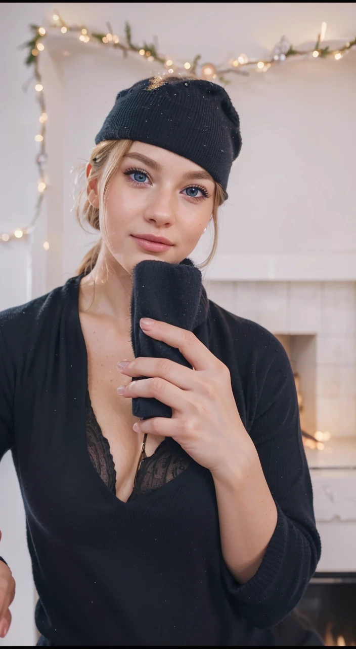 (best quality,4k,8k,highres,masterpiece:1.2),ultra-detailed,(realistic,photorealistic,photo-realistic:1.37),beautiful detailed eyes,beautiful detailed lips,extremely detailed face,long eyelashes,wavy hair, A charming Christmas scene featuring a young blonde girl with blue eyes, surrounded by a sea of twinkling fairy lights in a cozy living room with a crackling fireplace, unwrapping presents with genuine excitement, the room filled with the warm glow of holiday decorations, wearing a christmas sweather