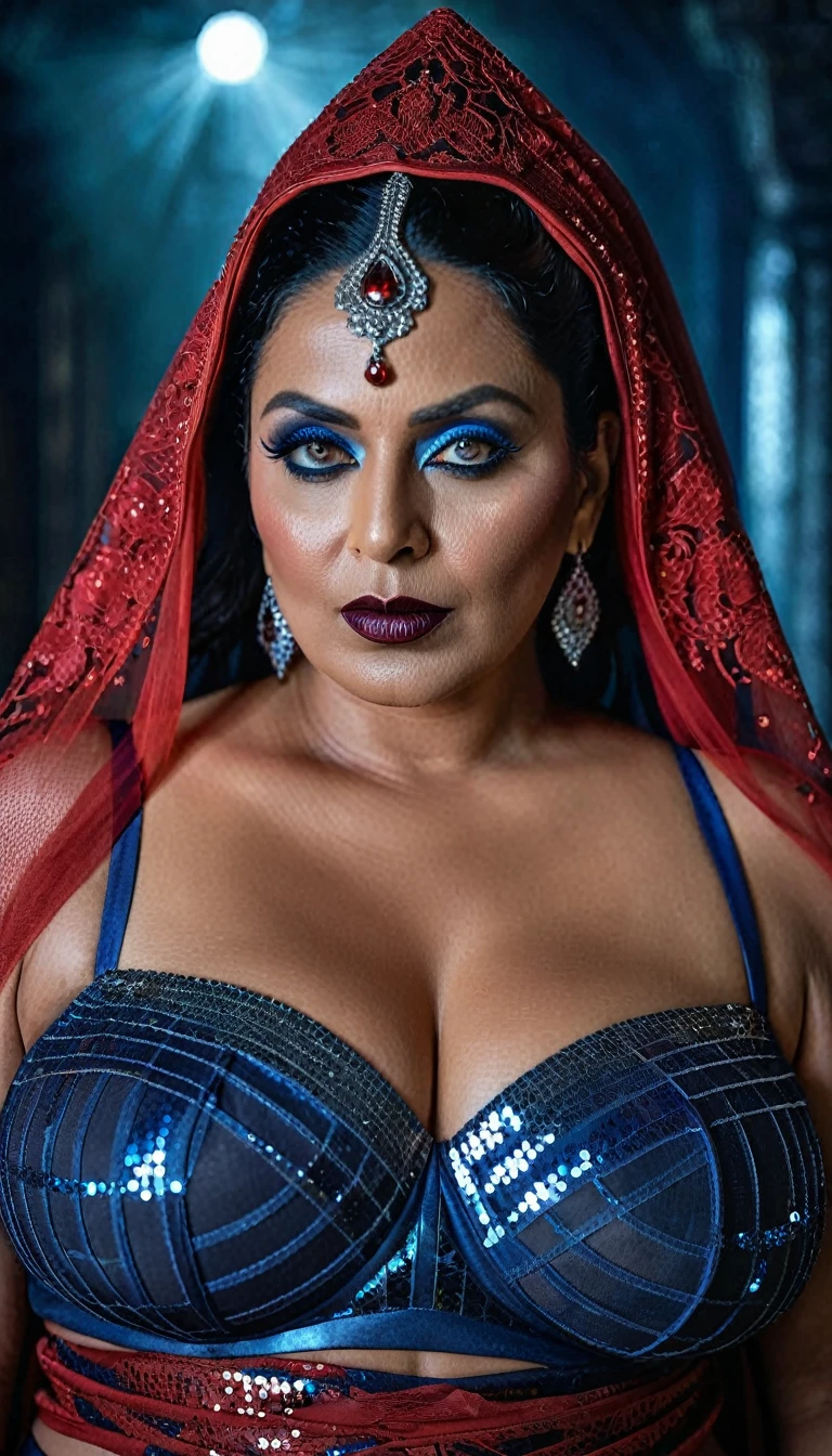 Looks like Indrani Haldar, full body Closeup shot, Big chubby aunty, milf, cougar lady witch,  Gothic milf,  70 years old gorgeous mature lady, pervert demoness, demoness of lust, curvy, black lips,  face, extremely gorgeous, thick figure, heavy physique, voluptuous, curvy,  figure, Fashionable portrait of androgynous alien looking witch wearing veil, glowing eyes, futuristic design, minimal details, givenchy, photoreal, 200mm, hd, f/ 2.0, highly detailed, surreal,  beautiful evil woman,  bold sequin Saree with strapless Bra, chudail, Pishachini, horror genre, blood-thirsty enchantress, powerful female spirit, eerie, drop dead, in the style of red and blue, (intricate details, hyperdetailed:1.15) (skin texture:1.2), dark Moody tone, cinematic lighting, haunted place in background, 