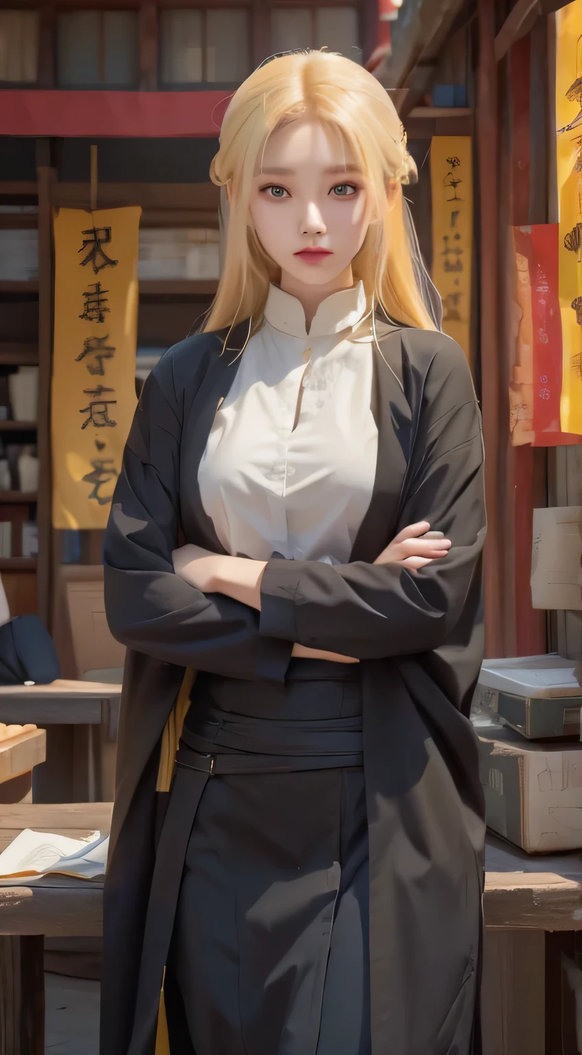 Girl, long yellow hair, yellow eyes, asian beautiful face, (ultra-detailed), (high resulution), (masterpiece)