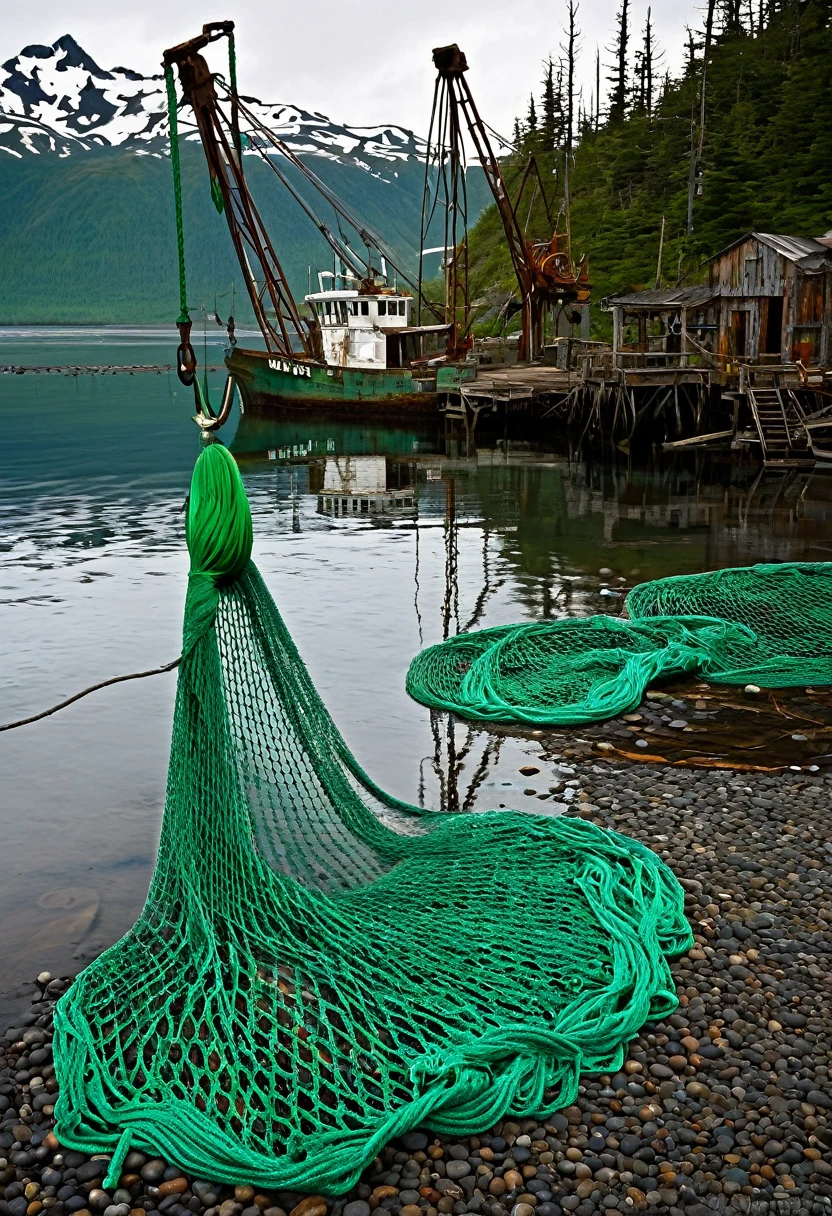 A photorealistic scene of an old wooden Alaskan port in the early morning.. In the foreground, a torn and empty fishing net hangs from a rusty crane. Beside it, a mermaid woman in her 20's, busty, with long wet hair, with a green mermaid tail, she hooked up by a fisher man huge hook. Reflections in the calm water subtly suggest shapes of marine creatures. A weathered sign reads: 'Marine Protected Area - Preserving Our Natural Heritage'. The scene balances between the rugged beauty of Alaska's wilderness .