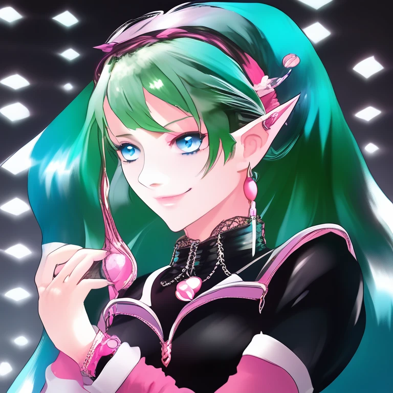 NADIA RAYNE, BLUE EYES, PINK HAIR, TWINTAILS, LONG HAIR, VERY LONG HAIR, PINK DRESS, BLACK LACE SLEEVES, WHITE BELT, RED MINISKIRT, BLACK BOOTS, BLACK THIGHHIGH BOOTS, GREEN RIBBON, GREEN NECKWEAR,