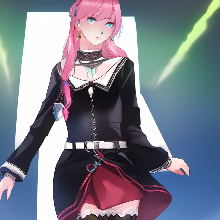 NADIA RAYNE, BLUE EYES, PINK HAIR, TWINTAILS, LONG HAIR, VERY LONG HAIR, PINK DRESS, BLACK LACE SLEEVES, WHITE BELT, RED MINISKIRT, BLACK BOOTS, BLACK THIGHHIGH BOOTS, GREEN RIBBON, GREEN NECKWEAR,