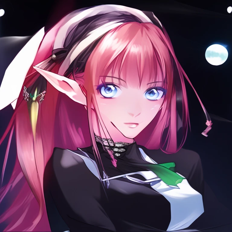 NADIA RAYNE, BLUE EYES, PINK HAIR, TWINTAILS, LONG HAIR, VERY LONG HAIR, PINK DRESS, BLACK LACE SLEEVES, WHITE BELT, RED MINISKIRT, BLACK BOOTS, BLACK THIGHHIGH BOOTS, GREEN RIBBON, GREEN NECKWEAR,