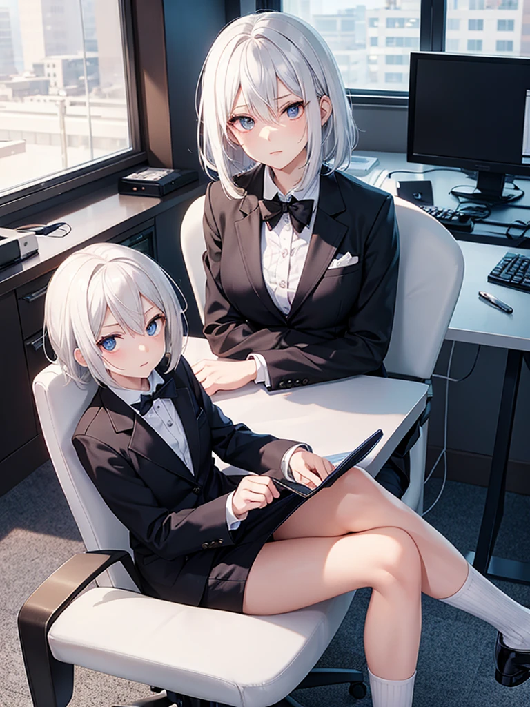 Anime woman with short unruly white hair with silver pupils dressed in suit sitting on a chair in an office with crossed leg pose.