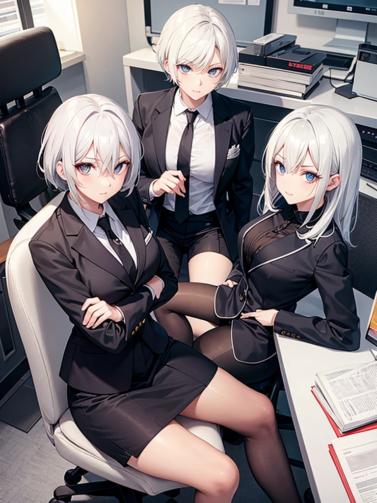 Anime woman with short unruly white hair with silver pupils dressed in suit sitting on a chair in an office with crossed leg pose.