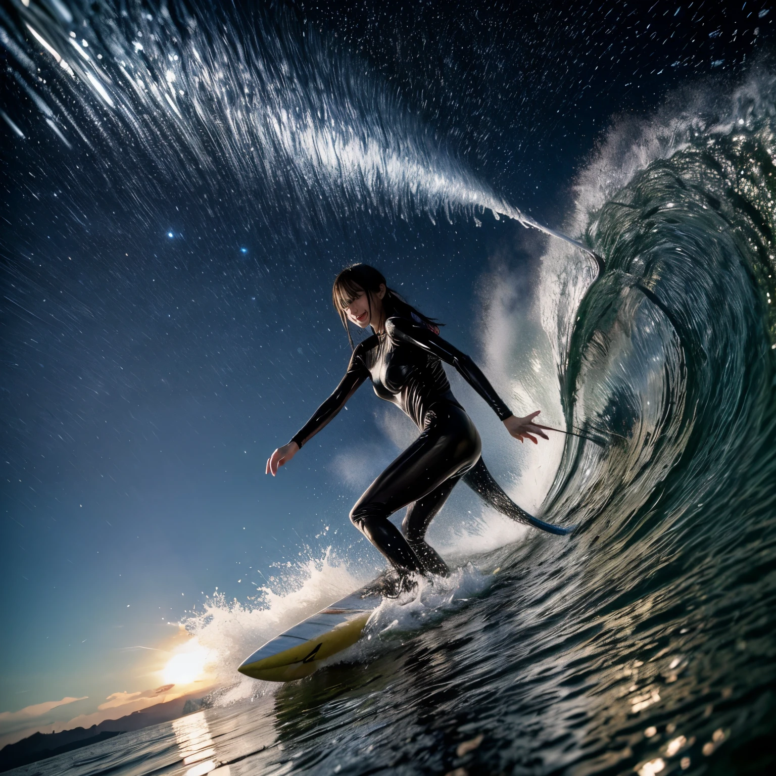 "Bioluminescent Serenity" - Sally Mann, Edward Weston, cinematic photo, beach, wetsuit, neon material, bioluminescent algae, surfboard, holographic waves, 35mm photograph, bokeh, professional, 4k, highly detailed, luminous, tranquil, intimate, enchanting, natural beauty, poetic.