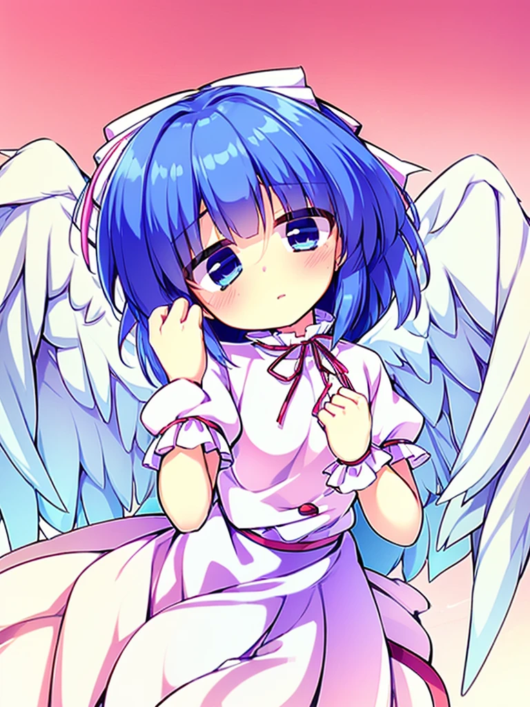 (best quality,4k,8k,highres,masterpiece:1.2), top-quality(masterpiece), top-quality, ultra-detailed, highly detailed texture, intricate details, high quality textures, A cute teenage angel with blue eyes, big pink ribbon in her hair, drawn in anime style, 1girl, (((1girl in))), , 10 years old, (((loli))), ((childish)), medium blue hair, hair flaps, pink ribbon on head, well-formed face, Beautiful face, blue eyes, pretty eyes, angel girl, white blouse, puffy short sleeves, red ribbon, angel wings, long white skirt, red shoes, frills, ribbon head, A pair of angel wings on the back, clean line drawings, cute