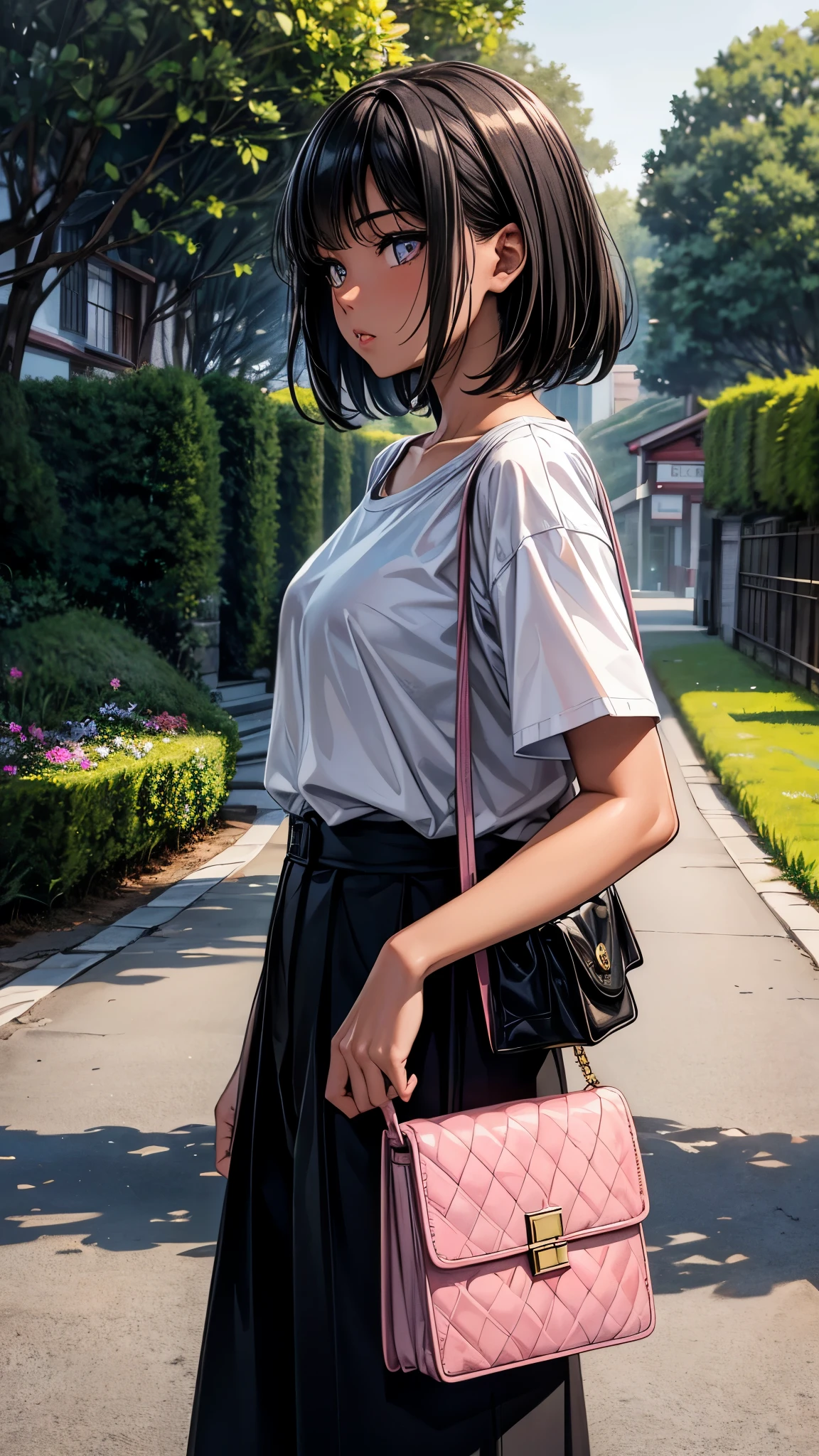 ((From side2.0)),((look away2.0)),((face close up)),beautiful detailed eyes, beautiful detailed lips, extremely detailed eyes and face, longeyelashes, 1 Japanese girl, outside the countryside,16 years old,((dark skin color)), (very short black hair),displeased,casual ((border shirt, short sleeve)),((pink color wide pants)),blue sneaker, shoulder bag, walk the countryside,best quality, 4k, 8k, highres, masterpiece:1.2, ultra-detailed, realistic, photorealistic, photo-realistic:1.37, HDR, UHD, studio lighting, ultra-fine painting, sharp focus, physically-based rendering, extreme detail description, professional, vivid colors, bokeh, portraits