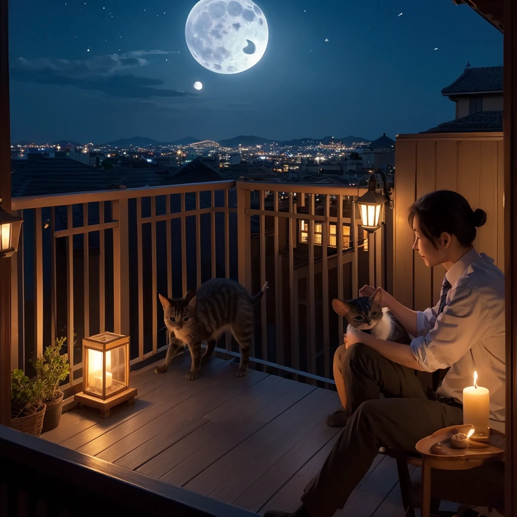 On the balcony at night, under the moonlight、A kitten and a mouse are chatting。real cute 
