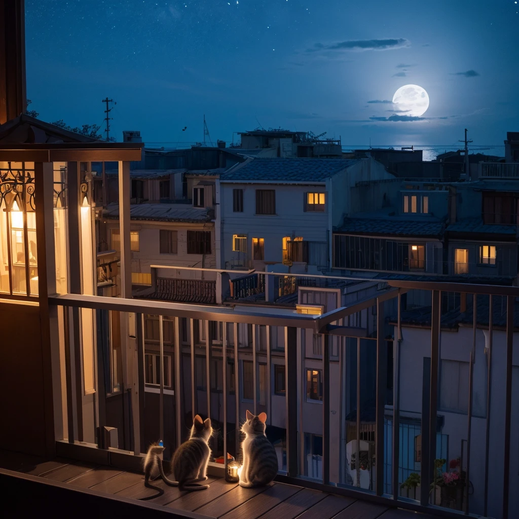 On the balcony at night, under the moonlight、A kitten and a mouse are chatting。real cute