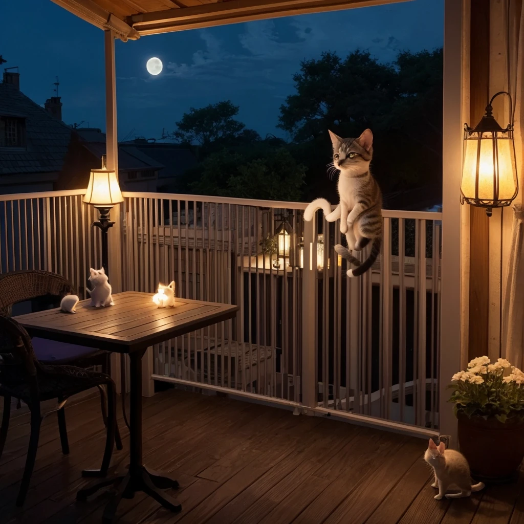 On the balcony at night, under the moonlight、A kitten and a mouse are chatting。real cute 

