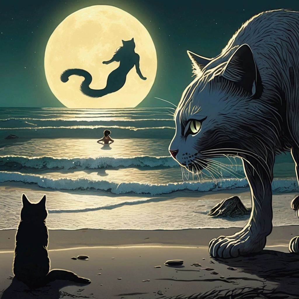 A giant cat stalks a bikini clad woman, beach by moonlight