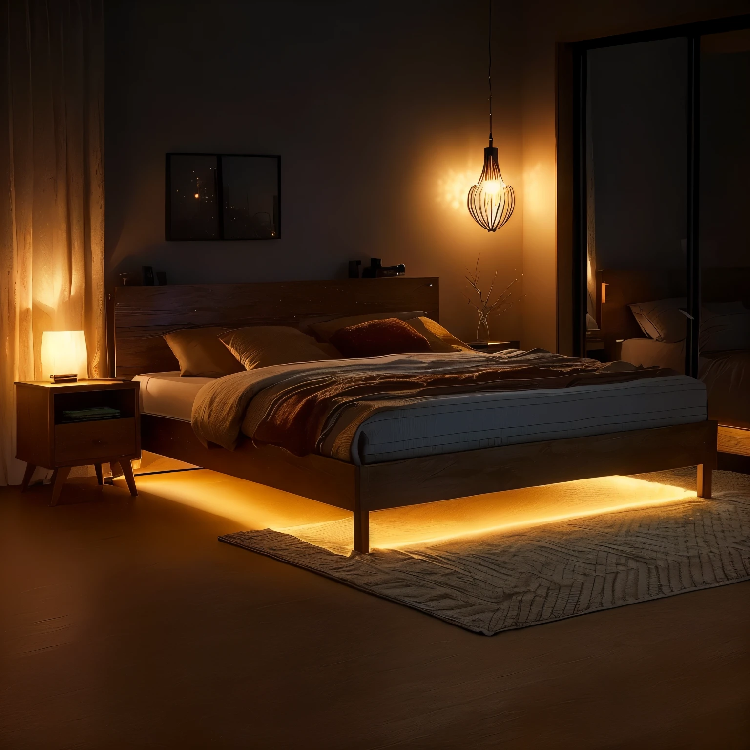 there is a bed with a wooden headboard and a night stand, dimly lit bedroom, warm ambient lighting, ambient lighting at night, dramatic ambient lighting, ambient amber light, bright ambient lighting, warm ambient light, soft ambient lighting, cyberpunk bedroom at night, lit up in a dark room, ambience lighting, night fill lighting, dimly lit room