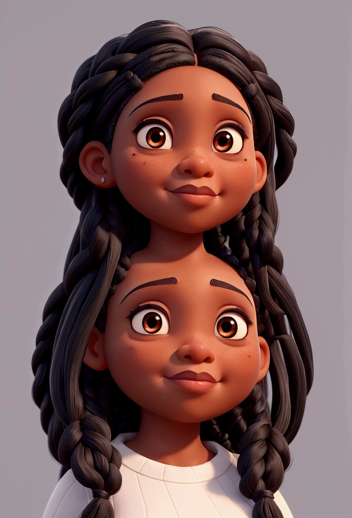 Create a chubby black woman, realistic 3D, long hair with very thin braids and tied to the scalp, black eyes and a mole on the forehead, rendered with exquisite detail