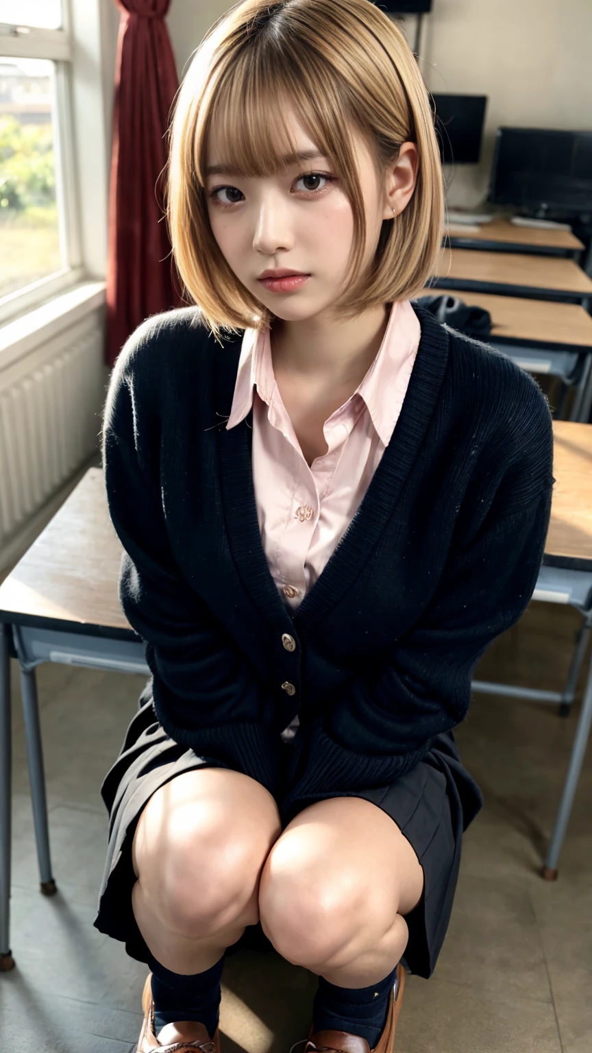 (Realistic:1.4), Highest quality, masterpiece, RAW32K Photo, (Very detailed美しい日本の女の子), (Very fine particles:1.2), (Baby Face),(Cute Face:1.2), Very detailed, Ultra-high resolution, wonderful, break,
(school uniform:1.5), Detailed school girl, (Bright classroom 1.3、Moody light), Beautiful detailed girl, Blonde、Cute Face, mini skirt,(thigh)、(She lifted her skirt to reveal her white panties.)、((Short Hair))