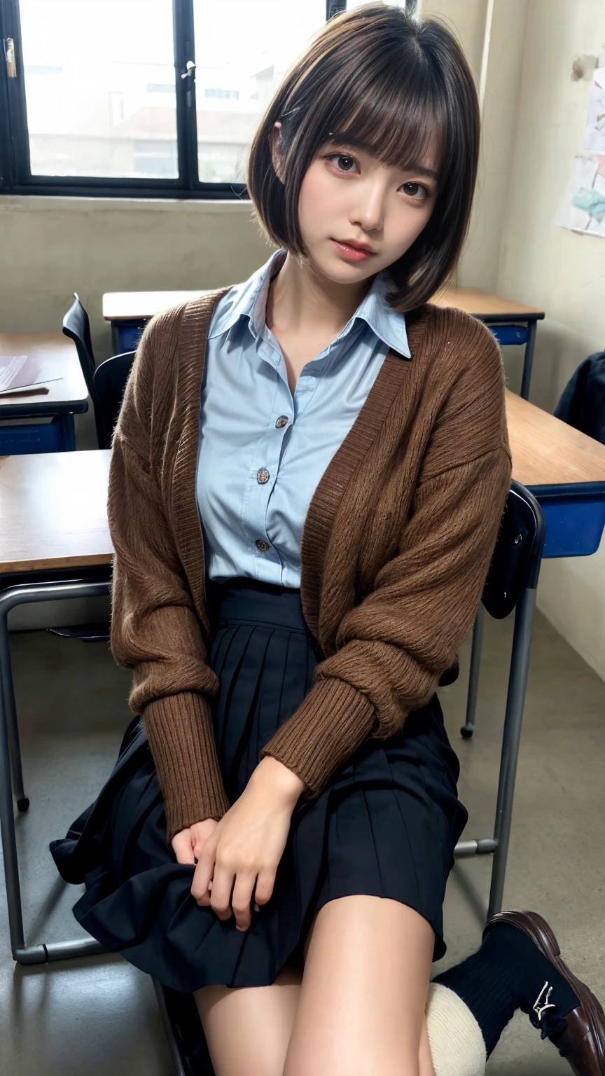 Enchanting anime girl, [ 4k digital art ]!!,Ultra-realistic painting, Art with attention to detail, 8k high quality detailed art,Curvy Tanned Gal,(puppet,Thick lips:1.2),Dress shirt,cardigan,,Side details,Pleated skirt,Brown Loafers,Blonde Short Hair,(Dark Skip:1.3),loose socks,Sweaty,close,Crouch on the desk,In the classroom,(Blushed),
