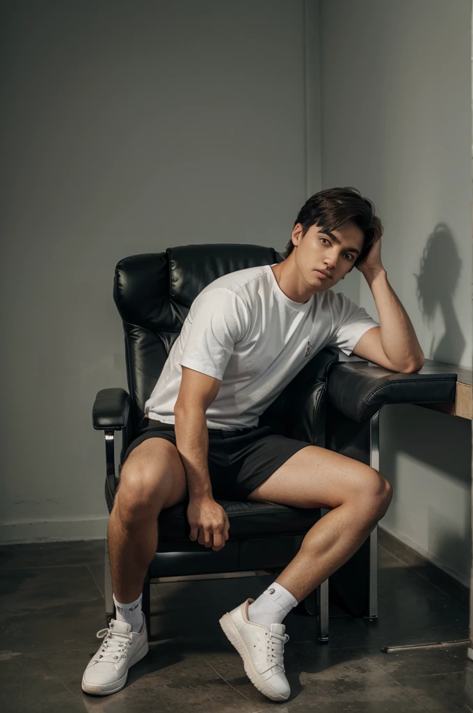 Create a 3D illusion for profile picture where a 25 year old cute boy in a white shirt sitting casually on a wingback chair.Wearing sneakers, he looks ahead. The background features "yahyakhan" big and capital orange neon light fonts on the dark Grey wall. There should not be is shadow, and there are wings to make it appear as if he is an angle