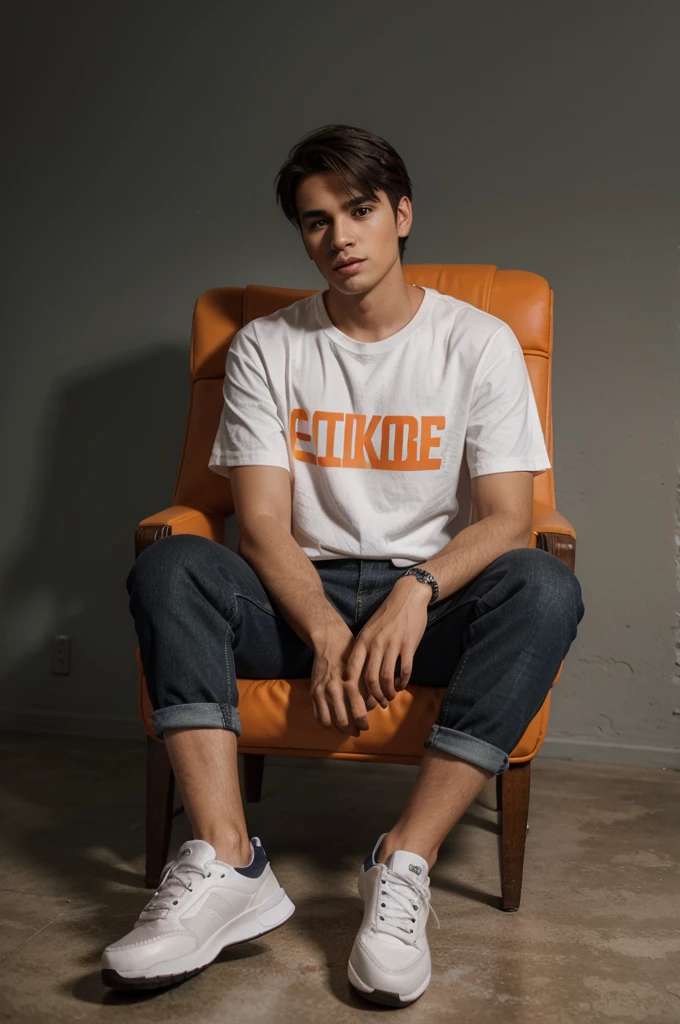 Create a 3D illusion for profile picture where a 25 year old cute boy in a white shirt sitting casually on a wingback chair.Wearing sneakers, he looks ahead. The background features "yahyakhan" big and capital orange neon light fonts on the dark Grey wall. There should not be is shadow, and there are wings to make it appear as if he is an angle