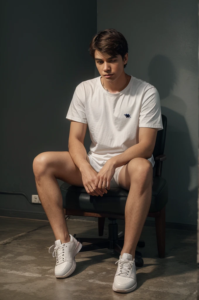 Create a 3D illusion for profile picture where a 25 year old cute boy in a white shirt sitting casually on a wingback chair.Wearing sneakers, he looks ahead. The background features "yahyakhan" big and capital orange neon light fonts on the dark Grey wall. There should not be is shadow, and there are wings to make it appear as if he is an angle