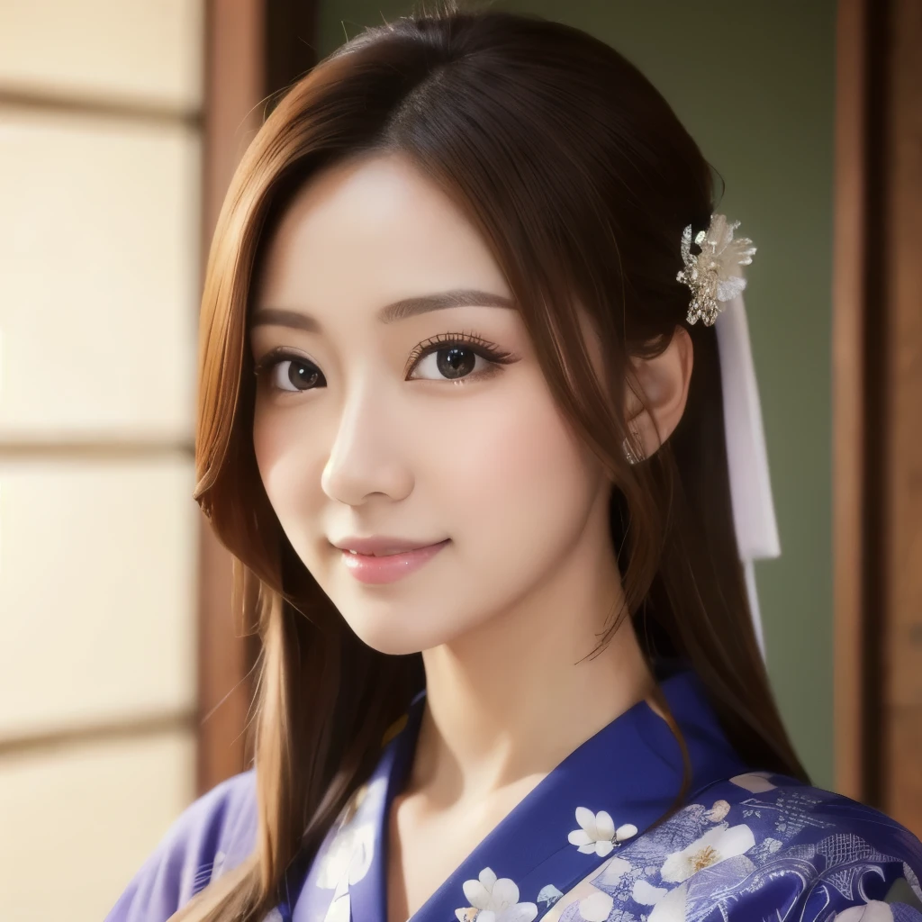 (best quality,highres,ultra-detailed),((portrait )),1beautiful Japanese lady,beautiful detailed eyes,beautiful detailed lips,extremely detailed face,longeyelashes,soft smile,flowing hair,natural lighting, wearling japanese elegant Kimono,