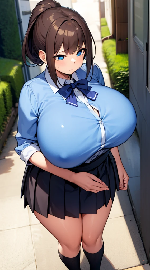 (masterpiece, best quality:1.2), Solitary, A girl, Ogawa Sukeko，In the narrow streets,（Black school uniform，黑色Short skirt），There are walls in front and behind，((blue eyes,beautiful eyes)), Put your hair up， Short skirt，Thin belly),(slim),((Big tits))Big Ass(Look away:1.4),(from above)，(Huge breasts)