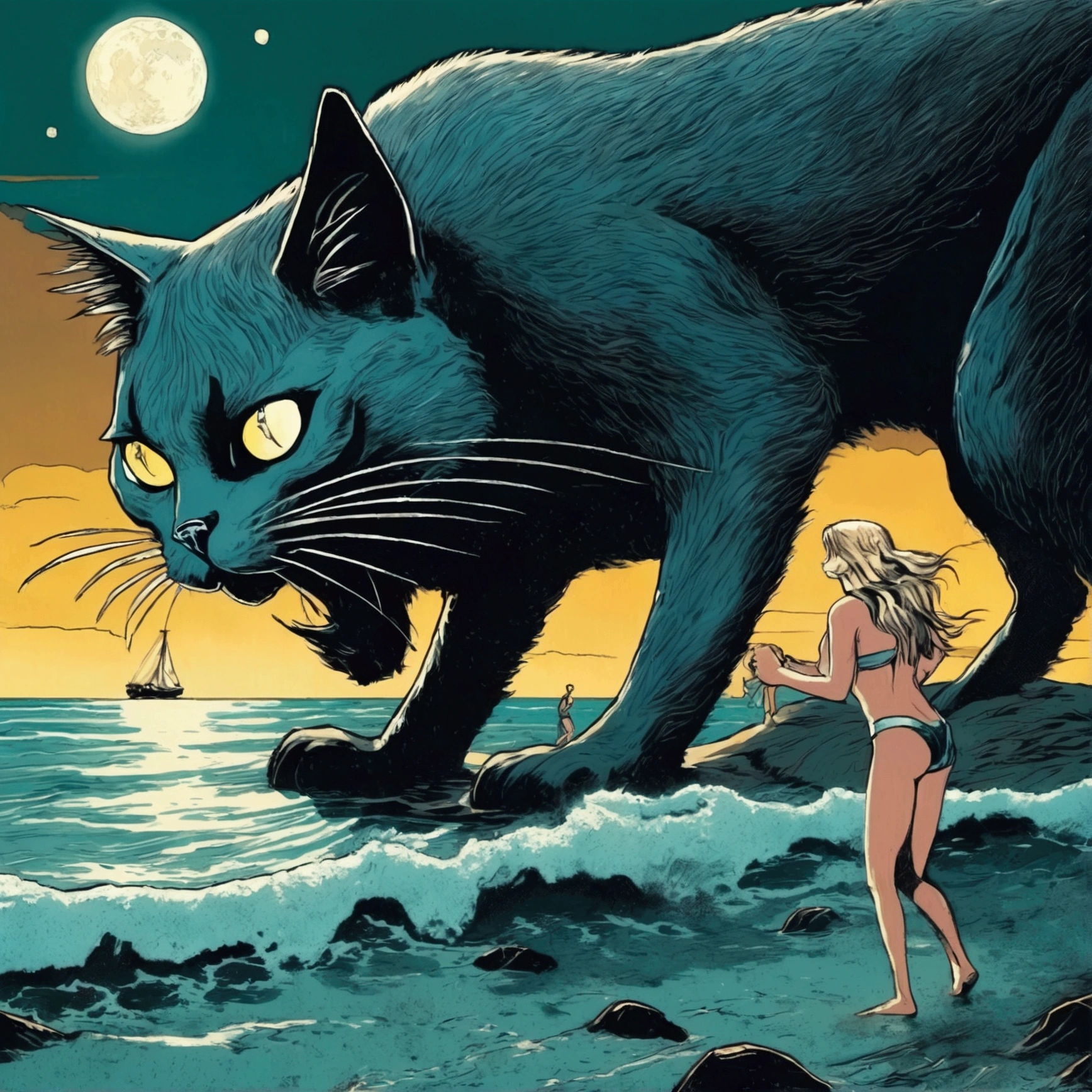 A giant cat stalks and eats a bikini clad woman, beach by moonlight, horror, at plays with prey