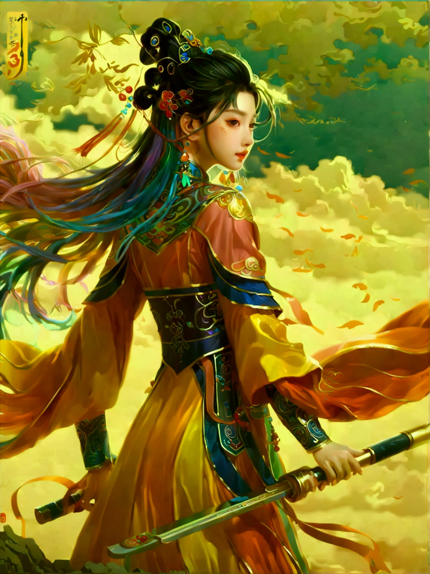 Chinese style,Ancient battlefield,Chinese female general,Holding a long sword,Grim expression,whole body,Stunning facial features,Red robe,armor,boots,Yellow sand in the sky,Fire,Game Model,stunning light and shadow,OC Rendering,Rim Light,Delicate light,Super Fine,Epic Composition,Ultra HD,(Aesthetics and aesthetics:1.2),(Fractal Art:1.3),(Chinese girl's facial features:1.8),(Front view:1.9),(以广角镜头拍摄whole body的顶级摄影师作品:1.5),Looking at the audience,(Rainbow hair,Hair color,Half blue and half pink hair:1.2),masterpiece,Best quality,Anatomically correct,Textured Skin,Super Detail,8k,high resolution,Vibrant colors, Thick Line, wave, Multi-layer, prospect,